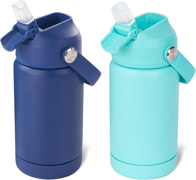 Kerilyn 12oz Kids Water Bottle 2 Pack, Stainless Steel Insulated Water Bottle Bulk, Toddler Cups with Straws Leak-Proof, Kids Water Bottles for School Boys Girls, BPA Free, Blue+Green 2 Piece Set - Image 1